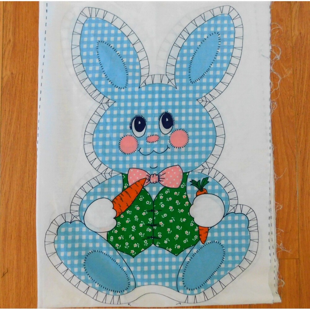Bunny Rabbit Cut & Sew Cotton Fabric Panel Gingham Blue Toy Pillow Carrots VTG